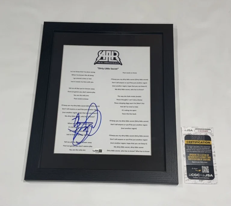 TYSON RITTER SIGNED FRAMED DIRTY LITTLE SECRET LYRIC SHEET AAR JSA COA