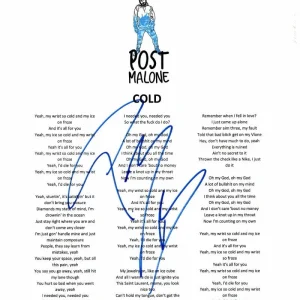 POST MALONE SIGNED AUTOGRAPH "COLD" LYRIC SHEET - STONEY, HOLLYWOOD'S BLEEDING