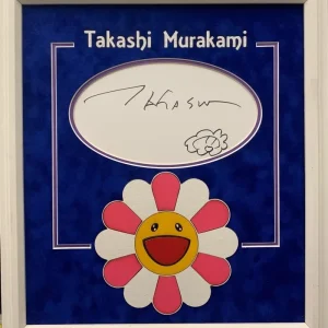 TAKASHI MURAKAMI SIGNED AUTOGRAPH 16"X18" DISPLAY W/ VERY RARE HAND-DRAWN SKETCH