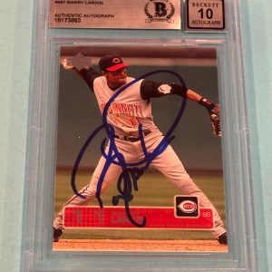 BARRY LARKIN Signed 2003 UPPER DECK Card #487 Beckett BAS AUTO 10