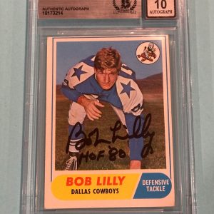 BOB LILLY Signed 1968 TOPPS Card #181 Beckett BAS w/ HOF Inscription AUTO 10