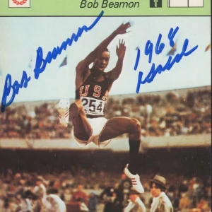 BOB BEAMON 1968 GOLD SIGNED TRACK AND FIELD SPORTSCASTER CARD BECKETT