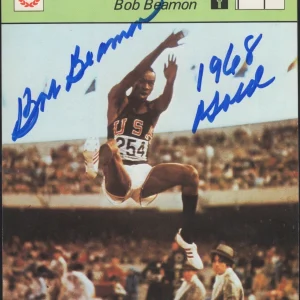 BOB BEAMON 1968 GOLD SIGNED TRACK AND FIELD SPORTSCASTER CARD BECKETT