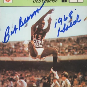 BOB BEAMON 1968 GOLD SIGNED TRACK AND FIELD SPORTSCASTER CARD BECKETT