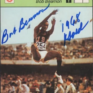 BOB BEAMON 1968 GOLD SIGNED TRACK AND FIELD SPORTSCASTER CARD BECKETT