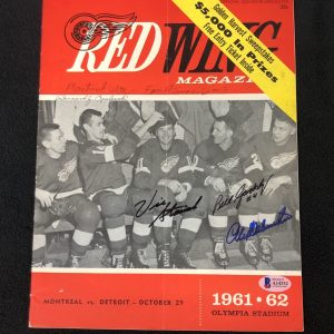 Alex Delvecchio Bill Gadsby & Vic Stasiuk Signed Red Wings Program Beckett COA