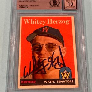 WHITEY HERZOG Signed 1958 TOPPS Card #438 Beckett BAS AUTO 10