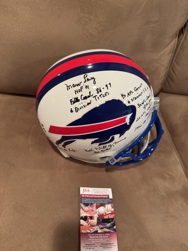 RARE MARV LEVY SIGNED BUFFALO BILLS F/S STAT HELMET JSA 15 INSCRIPTIONS WOW