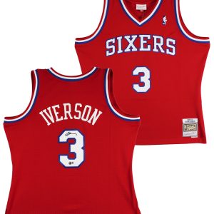76ers Allen Iverson Signed Red 2002-03 M&N HWC Swingman Jersey BAS Witnessed