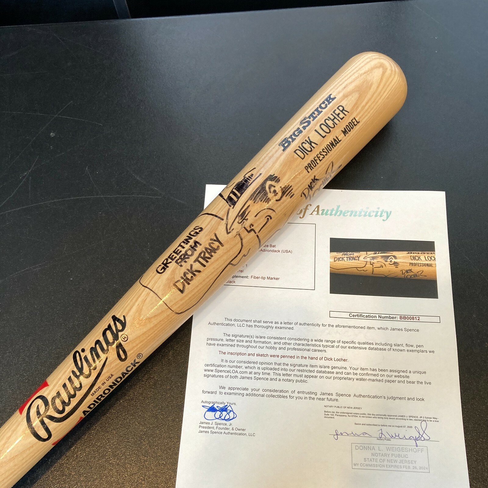 Dickl Dick Locher Signed Baseball Bat With Dick Tracy Hand Drawn Cartoon Art ...