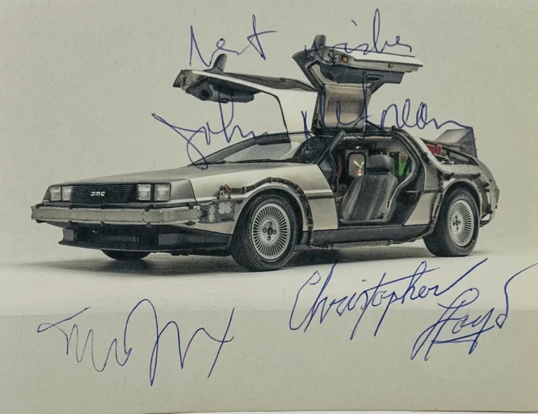 MICHAEL J FOX CHRISTOPHER LLOYD JOHN DeLOREAN Signed DeLorean Mini Print JSA LOA
