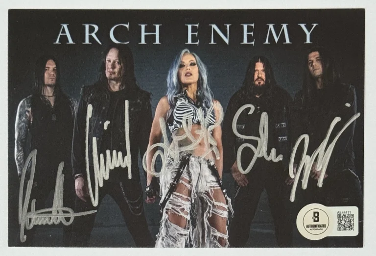 Arch Enemy ENTIRE BAND SIGNED Blood Dynasty Album Art Card & CD BAS Beckett COA