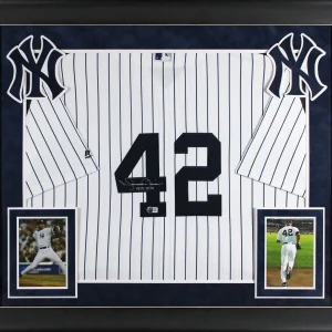 Yankees Mariano Rivera "HOF" Signed White Pinstripe Majestic Framed Jersey BAS W