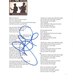 Pink Signed Just Give Me a Reason Sheet Music Authentic Autograph Beckett