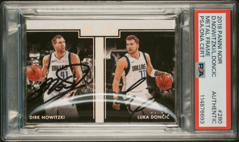 DIRK NOWITZKI LUKA DONCIC SIGNED 2019 NOIR SPLIT SCREEN MAVERICKS /25 PSA AUTO