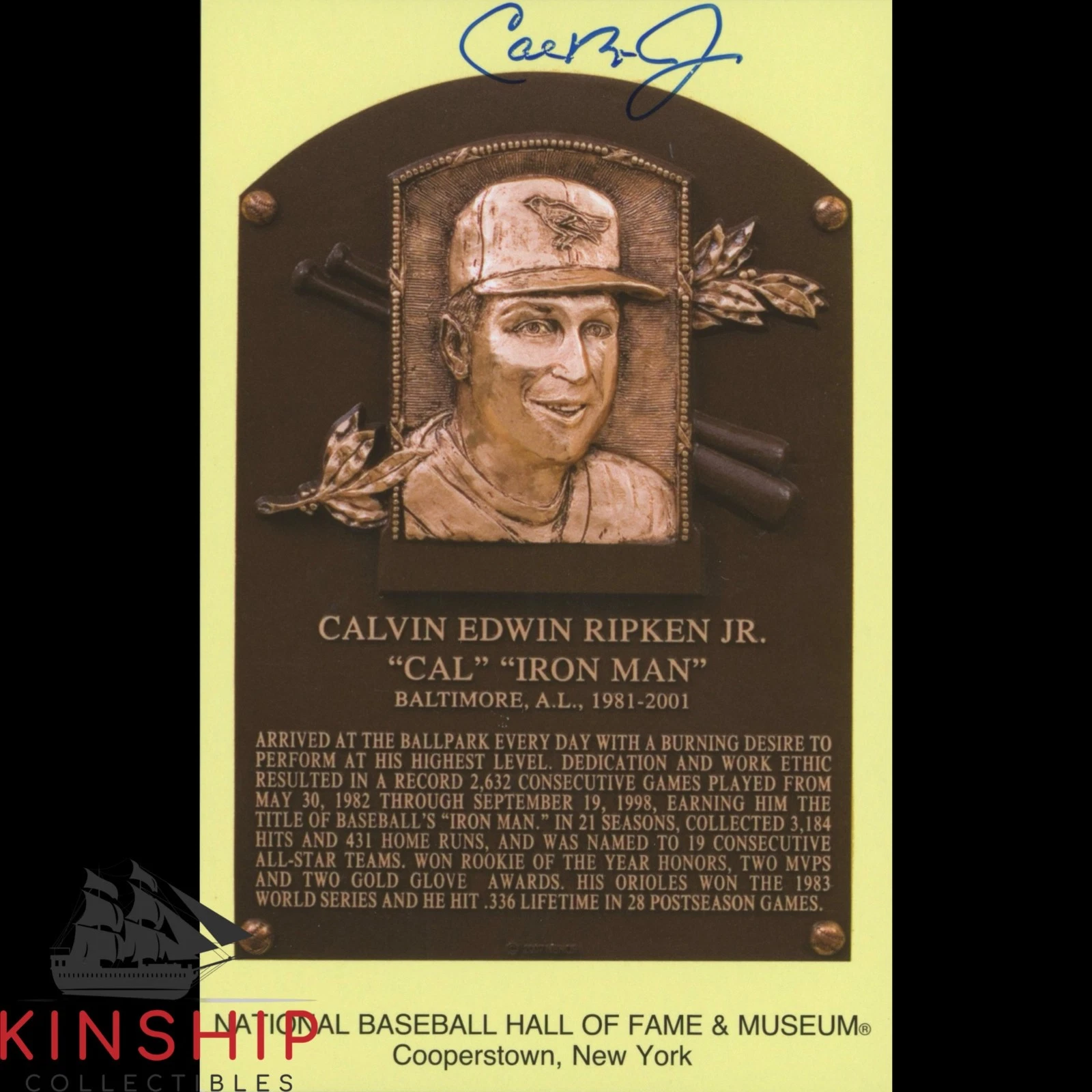Cal Ripken Jr signed HOF Plaque Postcard JSA COA Orioles Hall of Fame ...