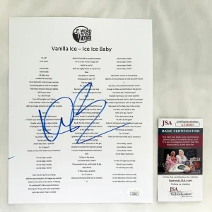 Vanilla Ice Signed Lyric Sheet Ice Ice Baby JSA COA