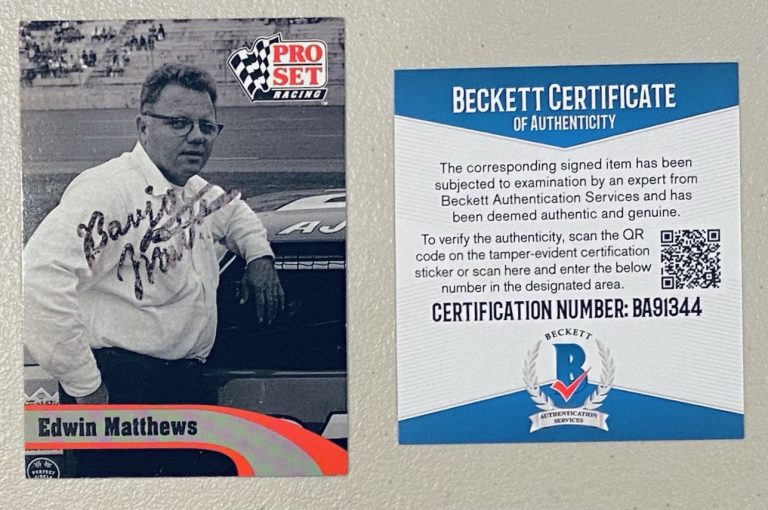 Edwin Banjo Matthews Signed Autographed 1992 Pro Set Card L18 Beckett BAS NASCAR