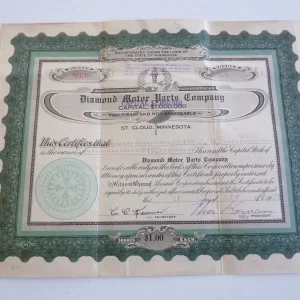 1926 Diamond Motor Parts Company 5 Shares of Stock Vintage Certificate