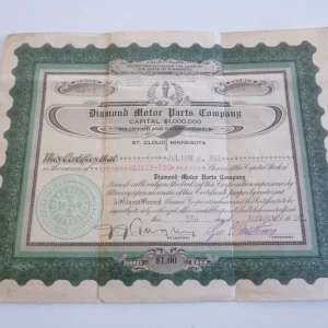 1926 Diamond Motor Parts Company 62 Shares of Stock Vintage Certificate