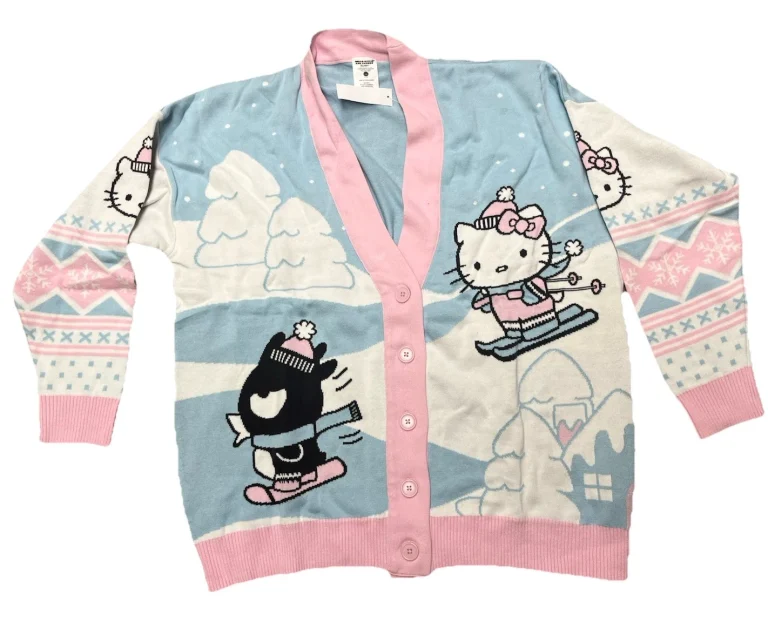 SANRIO HELLO KITTY LITTLE SKIING WOMENS CARDIGAN BUTTON FRONT SWEATER SIZE XL COLLECTIBLE MEMORABILIA