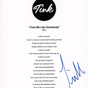 TINK RAP TREAT ME LIKE SOMEBODY SIGNED AUTOGRAPH LYRIC SHEET ACOA RAPPER
