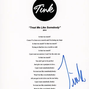 TINK RAP TREAT ME LIKE SOMEBODY SIGNED AUTOGRAPH LYRIC SHEET ACOA RAPPER