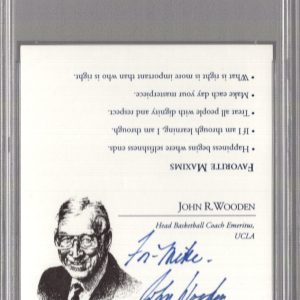 JOHN WOODEN HAND SIGNED PYRAMID OF SUCCESS BUSINESS CARD     TO MIKE    PSA SLAB