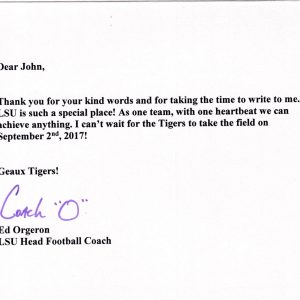 ED ORGERON HAND SIGNED LSU NOTECARD+COA LSU FOOTBALL COACH O TO JOHN