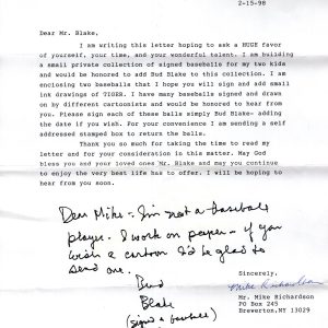 BUD BLAKE HAND SIGNED+HAND WRITTEN NOTE ON FAN LETTER+COA       TIGER CARTOONIST