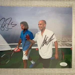 ROGER FEDERER+ANDRE AGASSI HAND SIGNED 8x10 COLOR PHOTO     RARE     PSA SLABBED