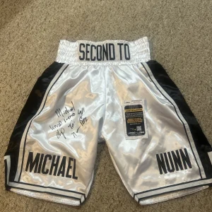 MICHAEL SECOND TO NUNN SIGNED AUTOGRAPH BOXING TRUNKS JSA COA HOF BOXER CHAMP