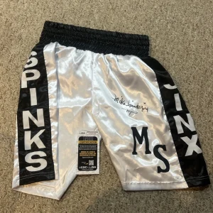 MIKE MICHAEL SPINKS JINX SIGNED AUTOGRAPH BOXING TRUNKS SHORTS JSA COA BOXER HOF