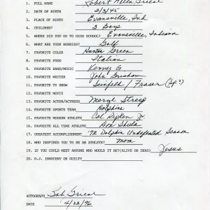 BOB GRIESE HAND SIGNED+FILLED OUT 20 QUESTIONS    MIAMI DOLPHINS     RARE    HOF