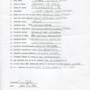 TOM GOLA HAND SIGNED+FILLED OUT 20 QUESTIONS BASKETBALL HOF 76ers JSA