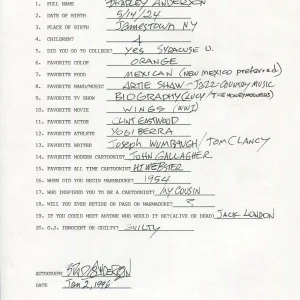 BRAD ANDERSON HAND SIGNED+FILLED OUT 20 QUESTIONS     MARMADUKE CARTOONIST   JSA