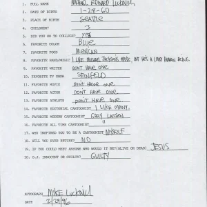 MIKE LUCKOVICH HAND SIGNED+FILLED OUT 20 QUESTIONS+COA GREAT CARTOONIST