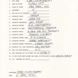 JOHN CULLEN MURPHY HAND SIGNED+FILLED OUT 20 QUESTION     PRINCE VALIANT    JSA
