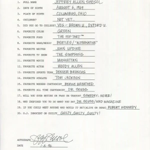 JEFF SHESOL HAND SIGNED+FILLED OUT 20 QUESTIONS+COA    GREAT CARTOONIST   THATCH