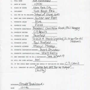 RON FERDINAND SIGNED+FILLED OUT 20 QUESTIONS+COA    DENNIS THE MENACE CARTOONIST