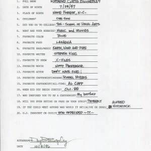 RAY BILLINGSLEY HAND SIGNED+FILLED OUT 20 QUESTIONS+COA    CURTIS CARTOONIST