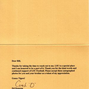 ED ORGERON HAND SIGNED LSU NOTECARD+COA LSU FOOTBALL COACH O TO BILL