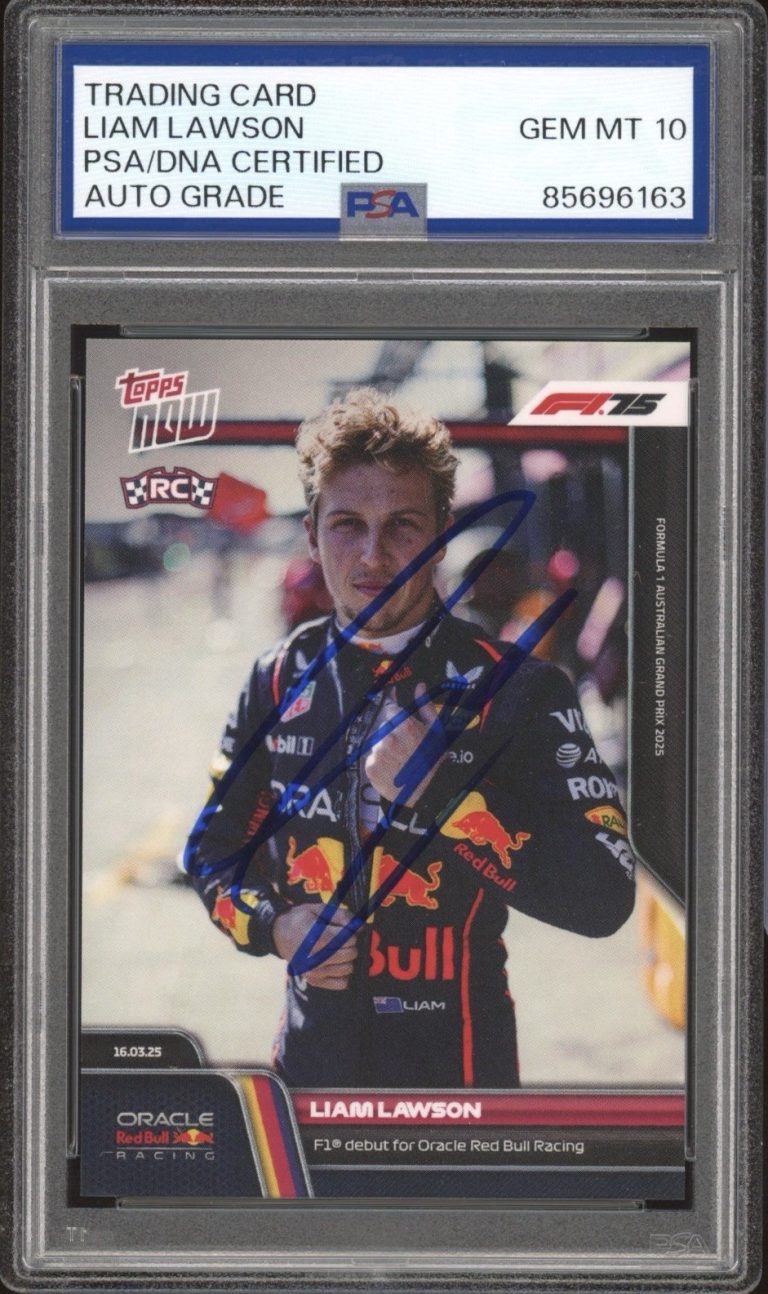 2025 Topps Now F1 #17 Liam Lawson Signed Red Bull Racing Debut RC PSA AUTO 10
