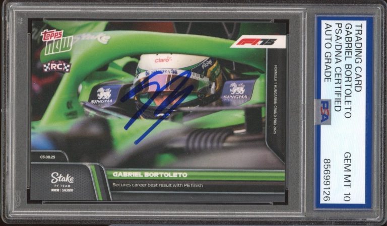 2025 Topps Now F1 #56 Gabriel Bortoleto Signed Hungarian P6 Rookie PSA AUTO 10