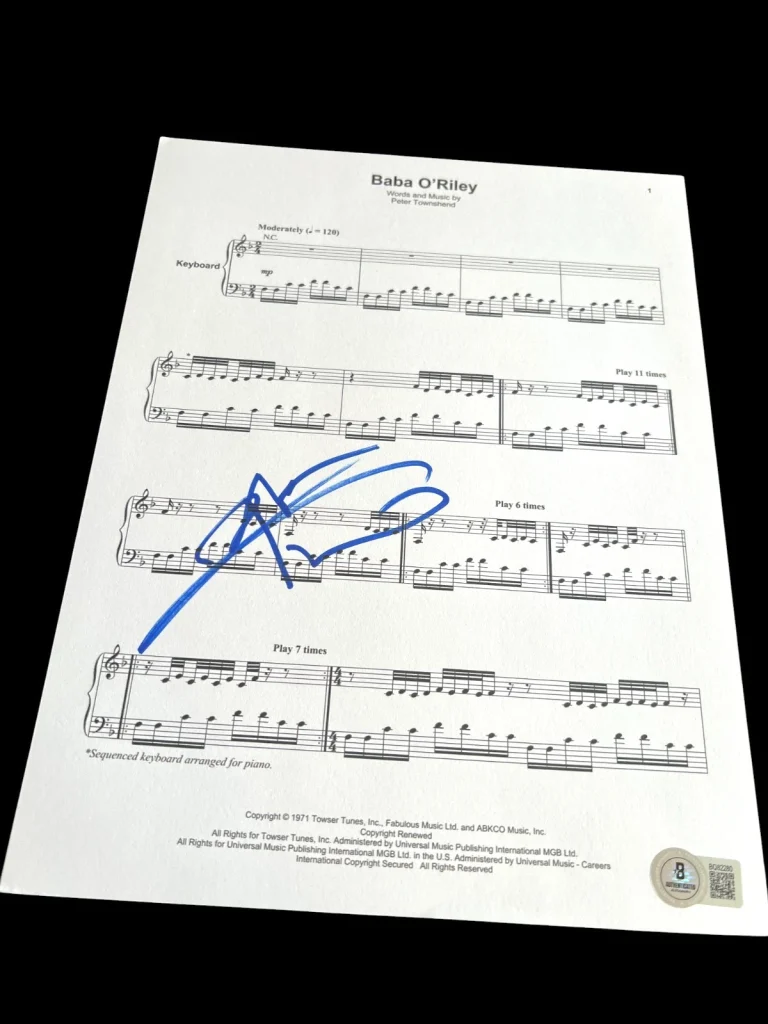 PETE TOWNSHEND SIGNED AUTOGRAPH SHEET MUSIC BABA O'RILEY THE WHO BECKETT BAS D