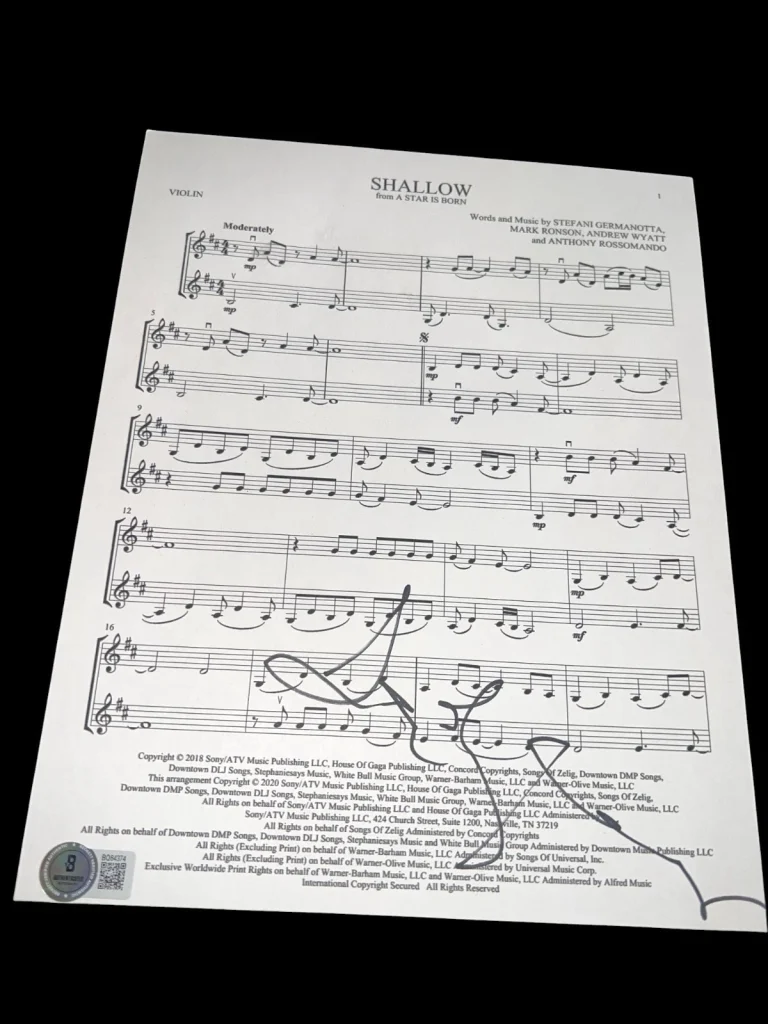 LADY GAGA SIGNED AUTOGRAPH SHEET MUSIC SHALLOW STAR IS BORN BECKETT BAS COA D