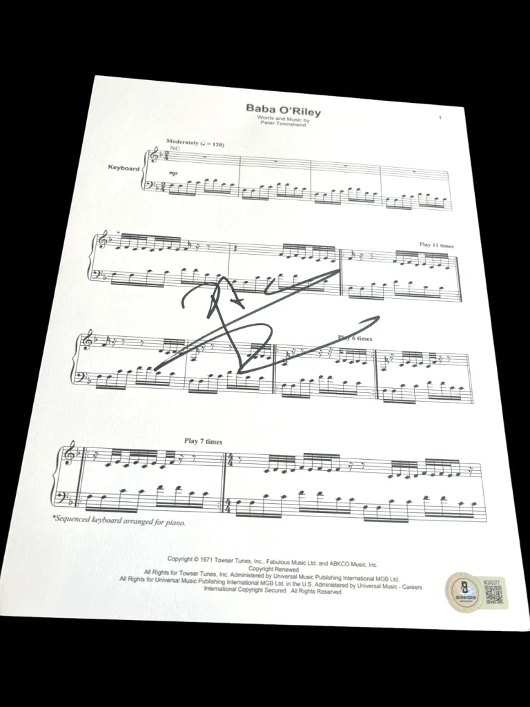 PETE TOWNSHEND SIGNED AUTOGRAPH SHEET MUSIC BABA O'RILEY THE WHO BECKETT BAS X2