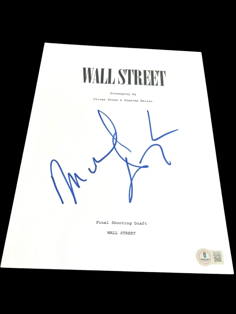 MICHAEL DOUGLAS SIGNED AUTOGRAPH MOVIE SCRIPT WALL STREET BECKETT BAS COA E