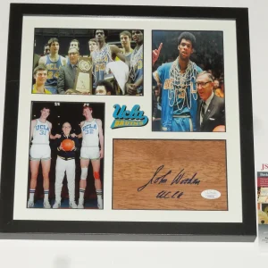 JOHN WOODEN SIGNED 12X12 FRAMED FLOORBOARD COLLAGE UCLA BRUINS HOF JSA COA