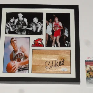 BOB PETTIT SIGNED 12X12 FRAMED FLOORBOARD COLLAGE ST. LOUIS HAWKS HOF JSA COA